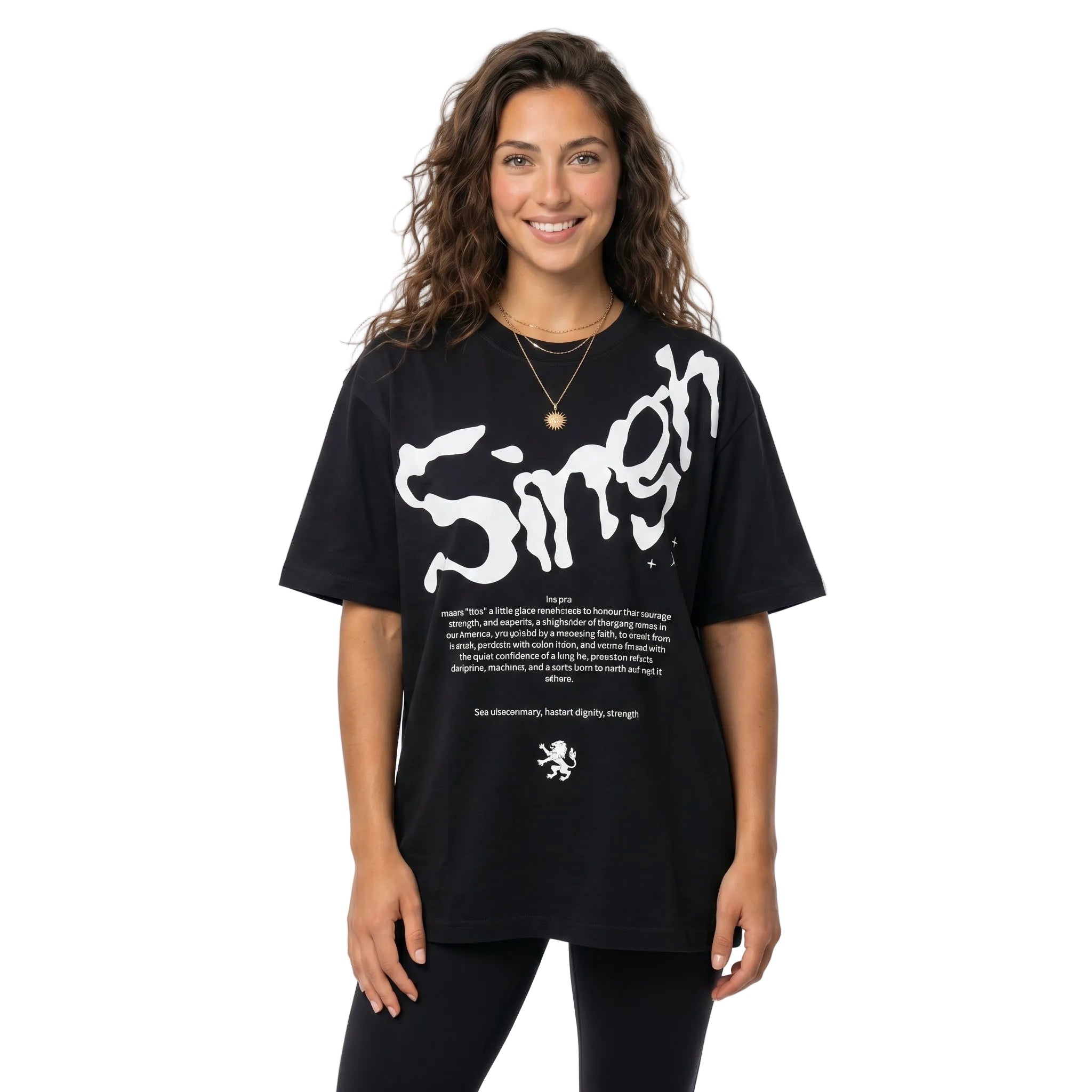 Person wearing a black t-shirt with white text and graphics on a white background